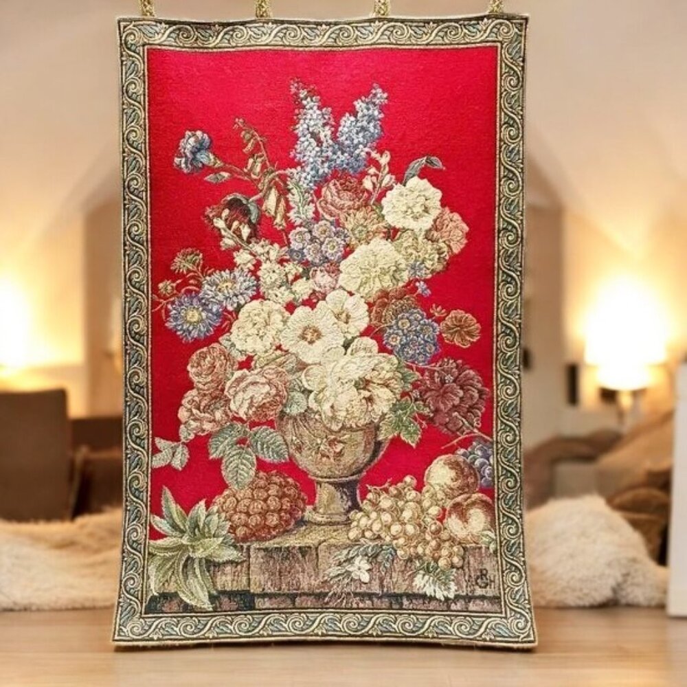 VTG 40x26 Italian Pensee European Floral Wall Tapestry Hanging w/rod